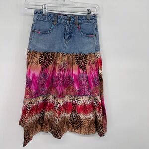 Squeeze‎ Girls Y@K Denim Tiered Boho Skirt Girls Size 8 Pink Brown Floral Print